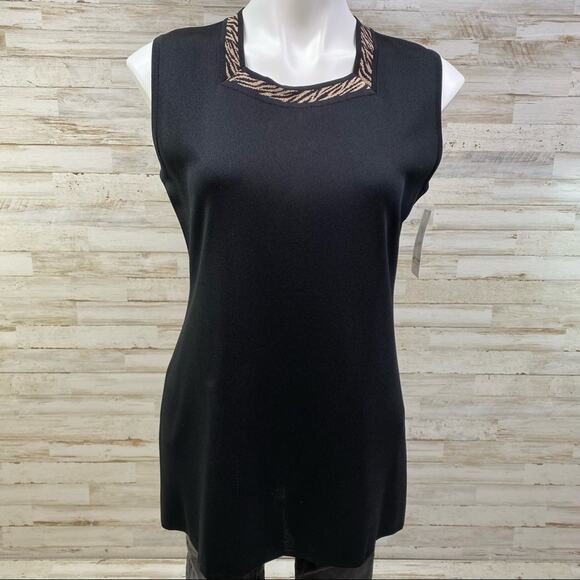 Misook Tops - Misook Sleeveless Knit Top Womens Size S Black Animal Print Trim Classic Tank